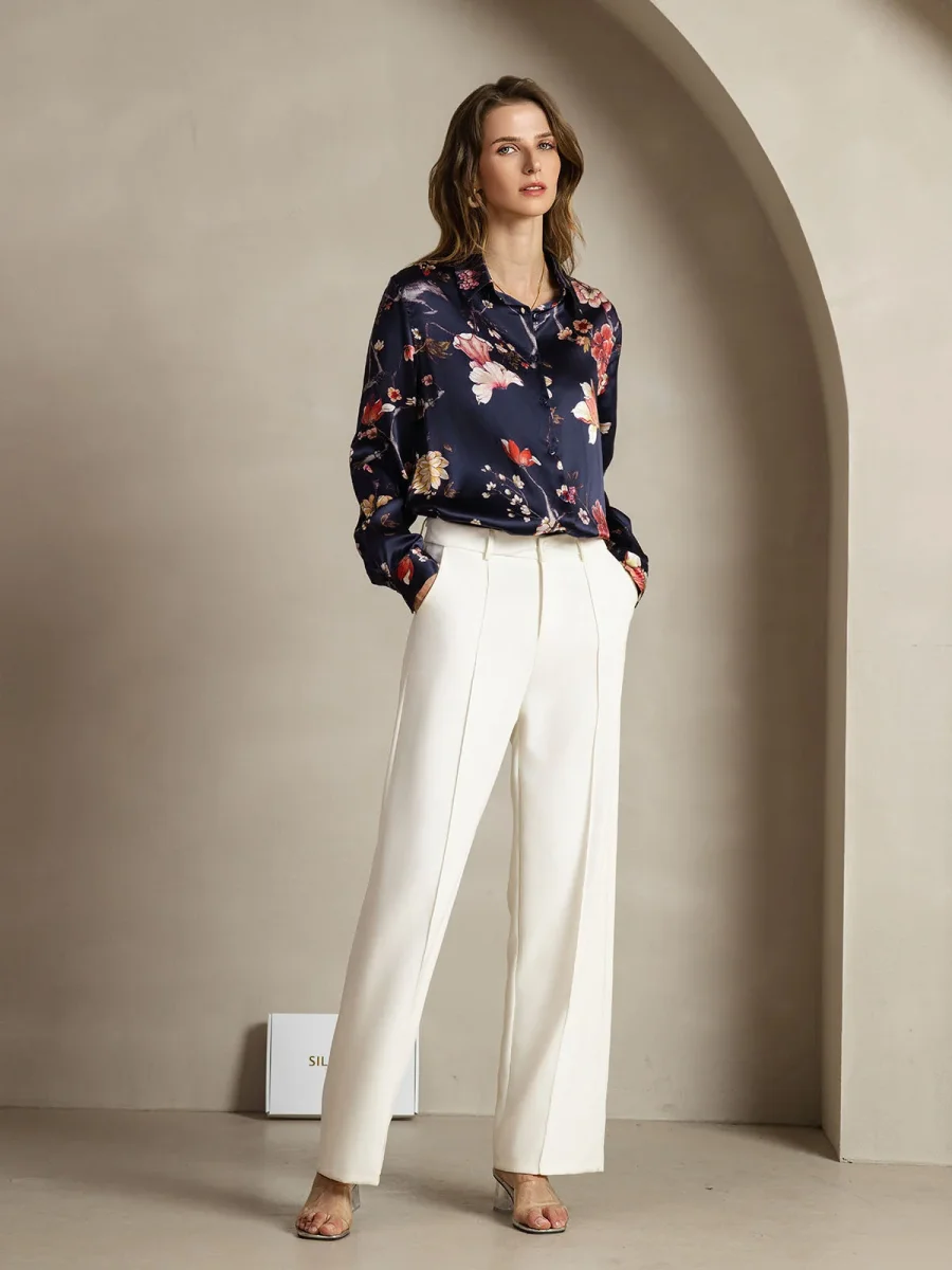 Camisa De Seda 19Momme Mujer Con Estampado Floral Marino Manga Larga Y Cuello Con Solapa - Imagen 4