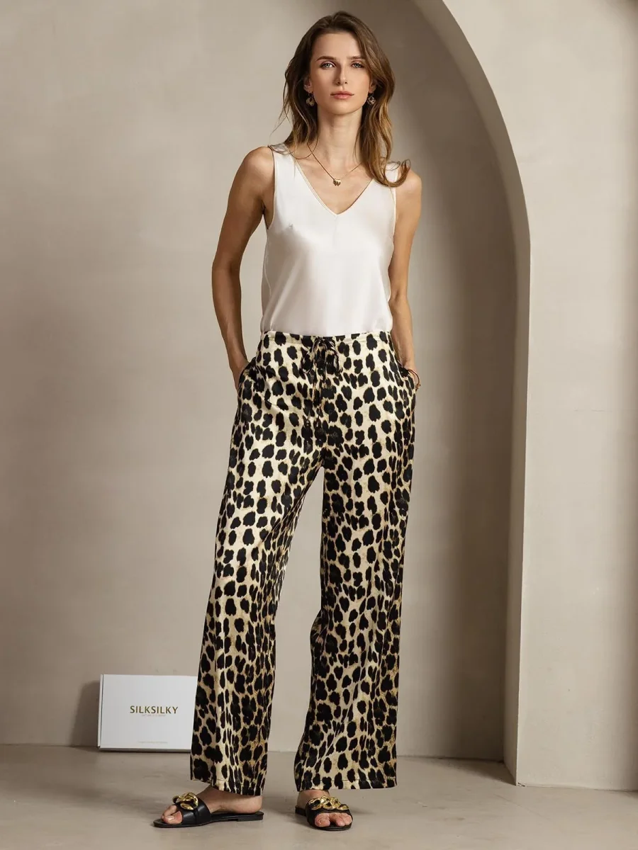 Pantalones Mujer Pierna Ancha De Seda 19Momme Con Estampado De Leopardo Y Bolsillos Laterales - Imagen 6