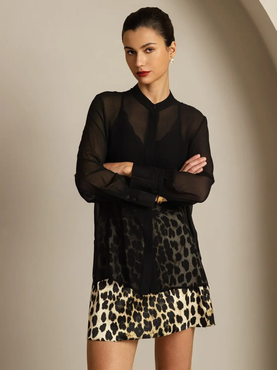 Seda Pura Blusa de Manga Larga Con Corte Transparente - Imagen 7