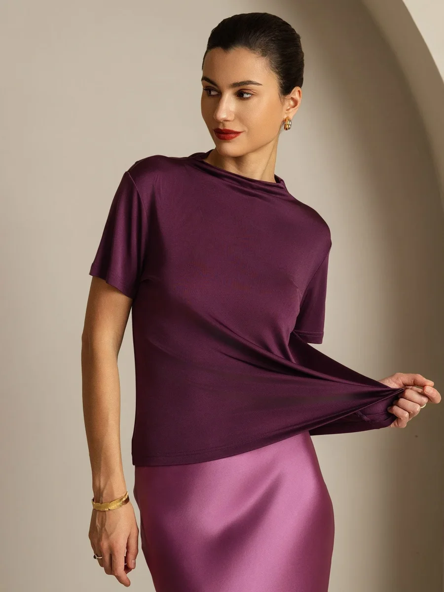 Camiseta De Mujer De Seda Pura Con Manga Corta Y Cuello Mock - Imagen 2