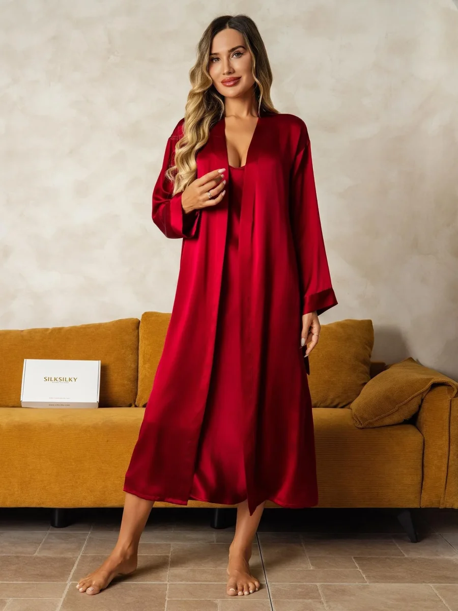 Seda Pura Escote en V Largo Midi Camisón & Bata Conjunto, 2 Piezas - Imagen 7