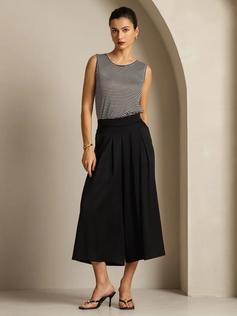 Pantalón Capri Mujer Seda 19Momme Cintura Alta Plisado Pierna Ancha - Imagen 7