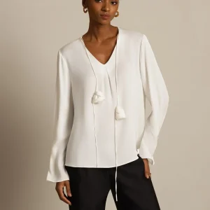 Blusa De Seda Para Mujer 19Momme Con Cuello En V De Manga Larga Con Detalle De Rosa 3D