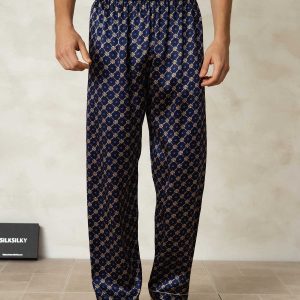 Pantalones De Dormir Para Hombre De Seda Pura Con Estampado De Cadenas Azul Marino Y Cintura Elástica