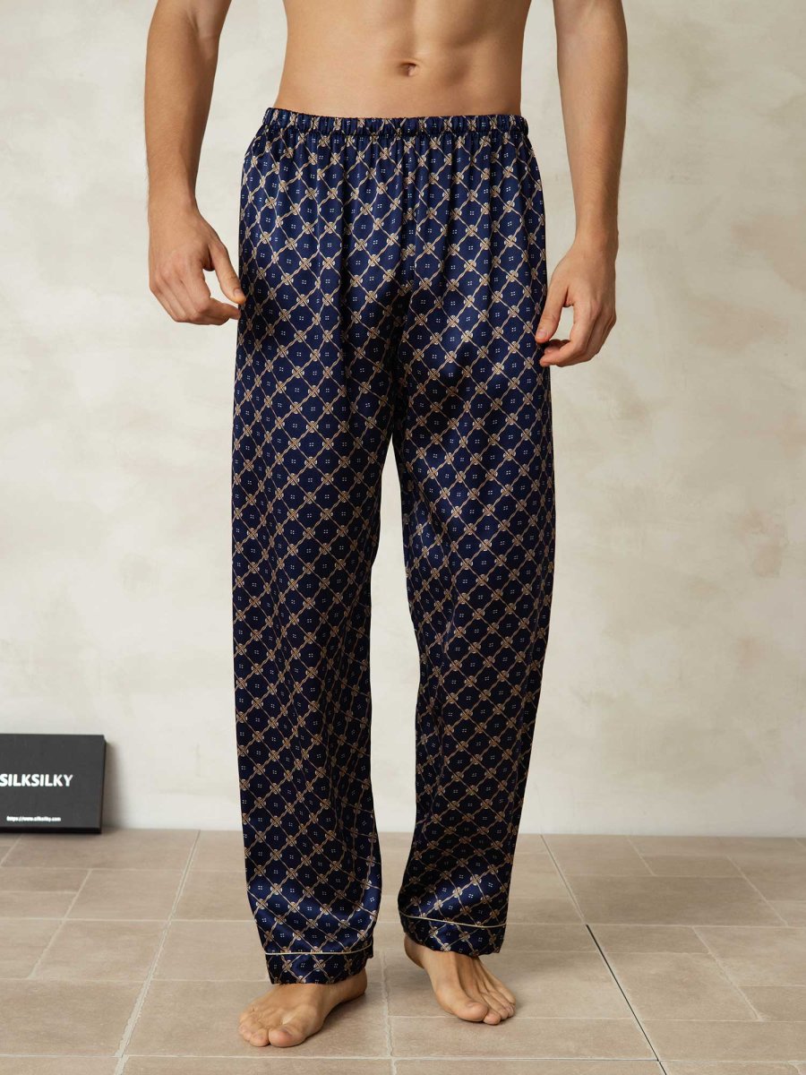 Pantalones De Dormir Para Hombre De Seda Pura Con Estampado De Cadenas Azul Marino Y Cintura Elástica