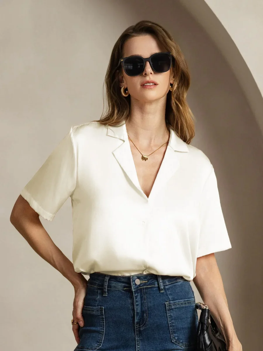 Camisa de mujer en seda 19 momme con manga corta, solapa y cierre de botones - Imagen 4