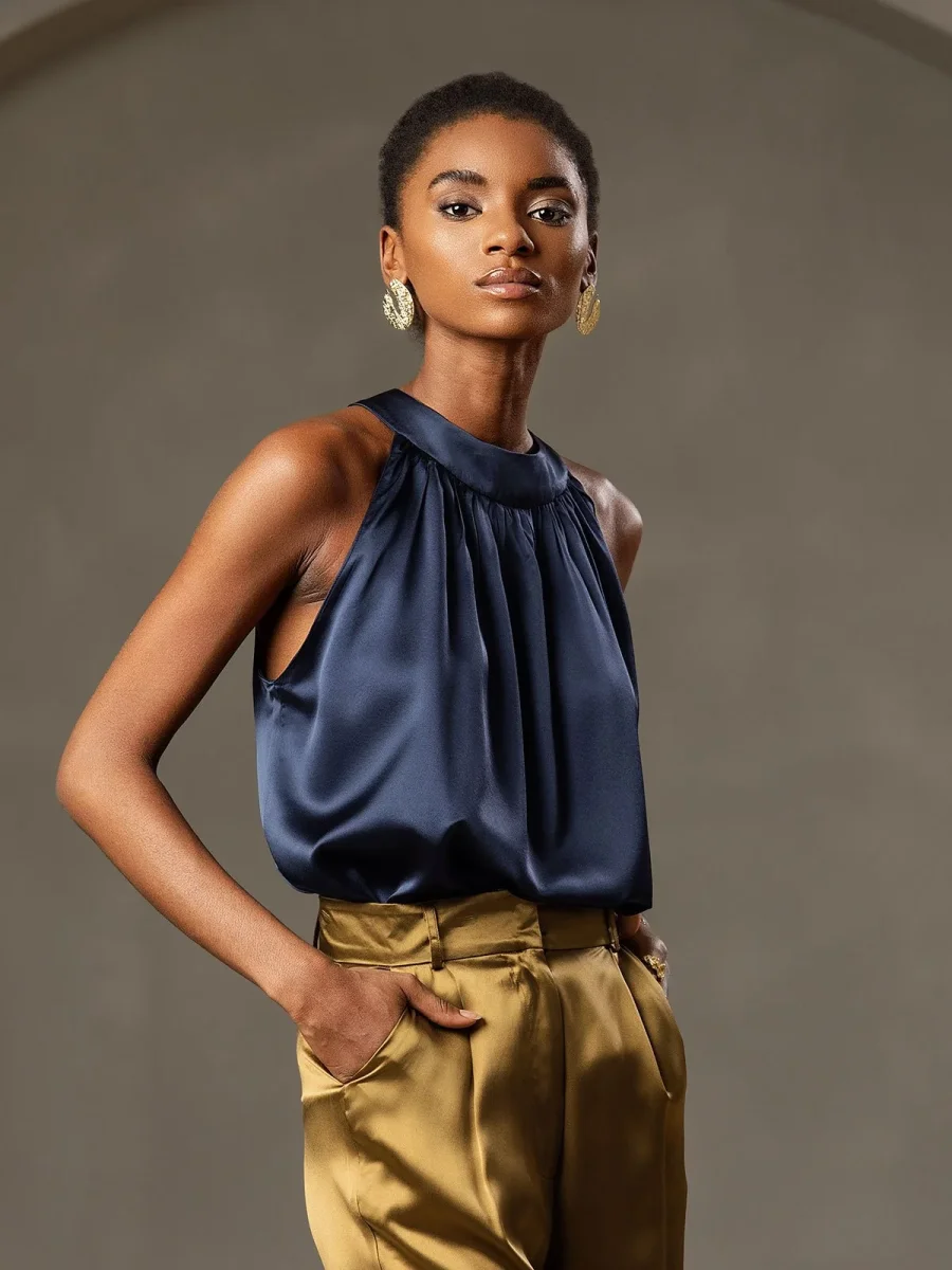 19 Momme Seda Relajado Sin Mangas Halter Top - Imagen 5