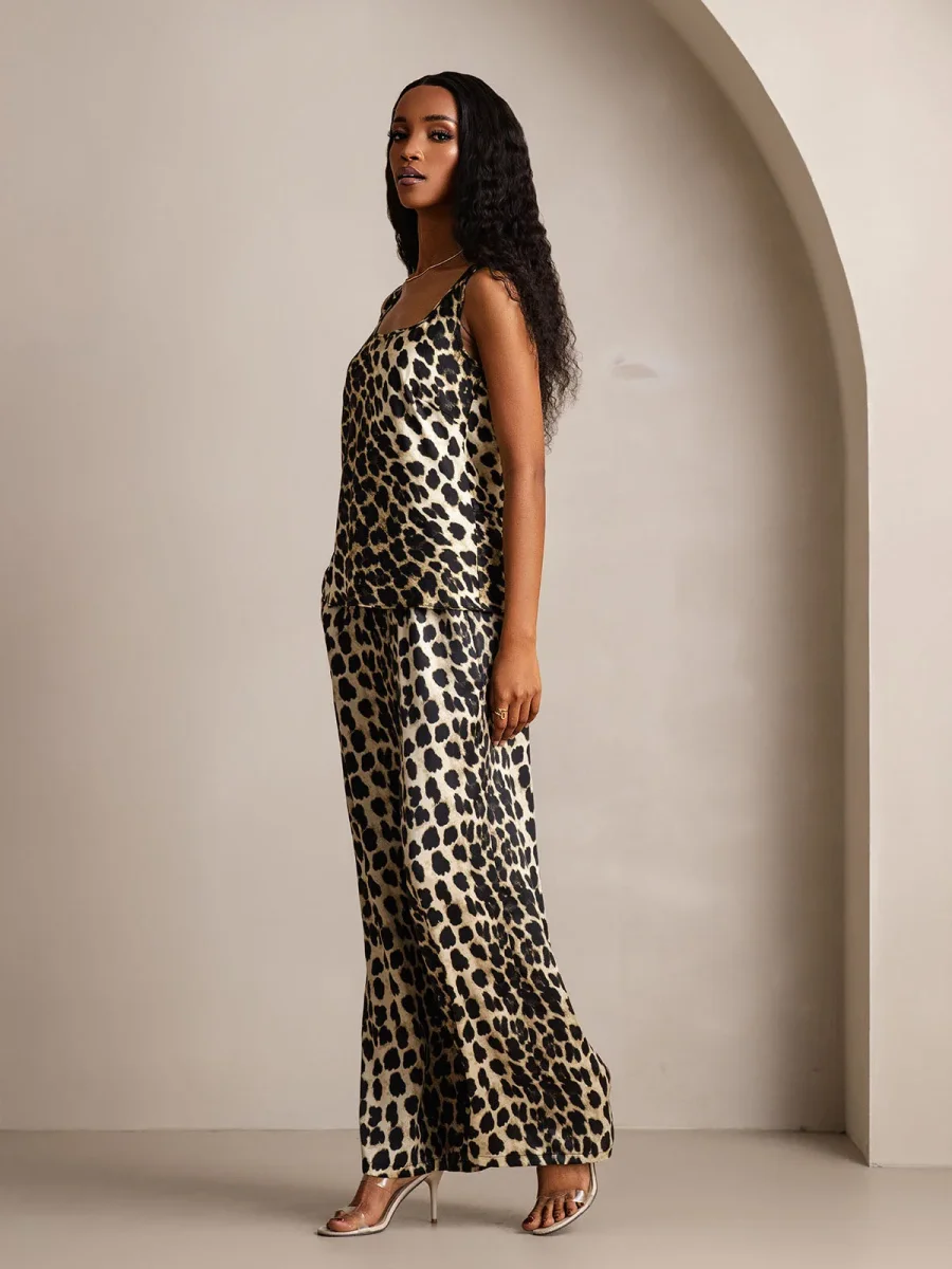 Conjunto De Mujer De Pura Seda Con Estampado De Leopardo – Top De Cuello En U Y Pantalones De Pierna Ancha - Imagen 6