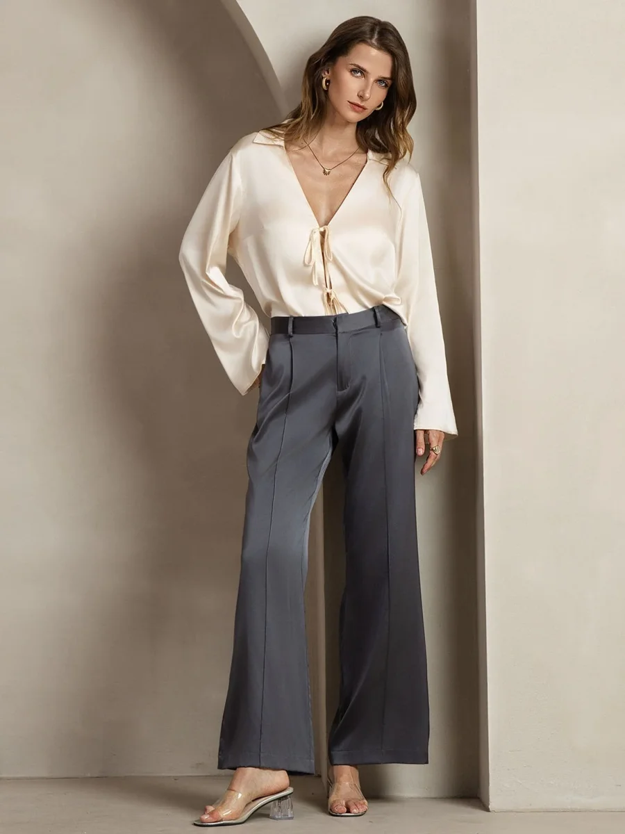 19Momme Seda Pantalones De Mujer Rectos Con Diseño De Bolsillos Laterales - Imagen 8