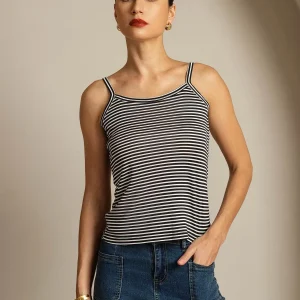 Top Camisola De Seda Pura Tirantes Finos Cuello Cuadrado A Rayas