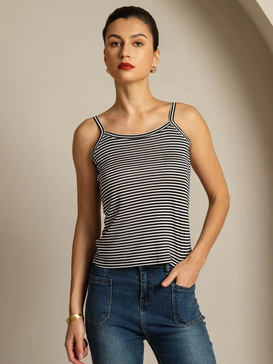 Top Camisola De Seda Pura Tirantes Finos Cuello Cuadrado A Rayas