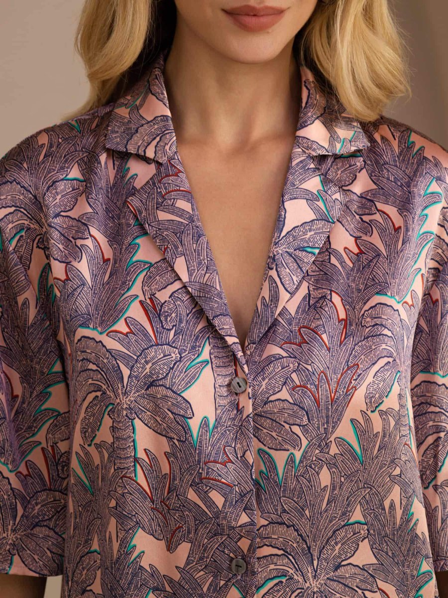 Conjunto De Pijama Para Mujer De Seda De Morera 100% Con Estampado De Palmera Manga Corta Con Botones - Imagen 6