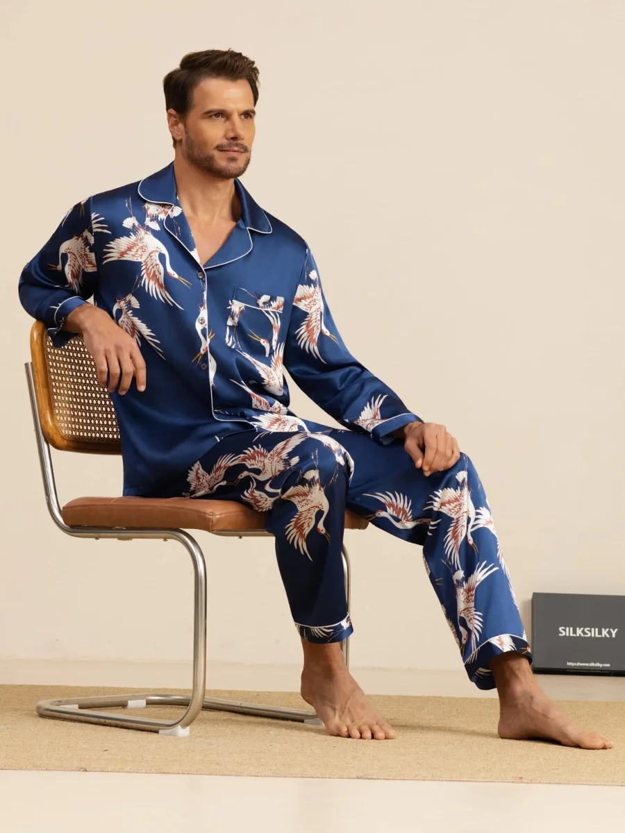 Conjunto de Pijamas para Hombre Estampado de Grúa Seda Pura 19Momme Manga Larga Cuello Notch - Imagen 9