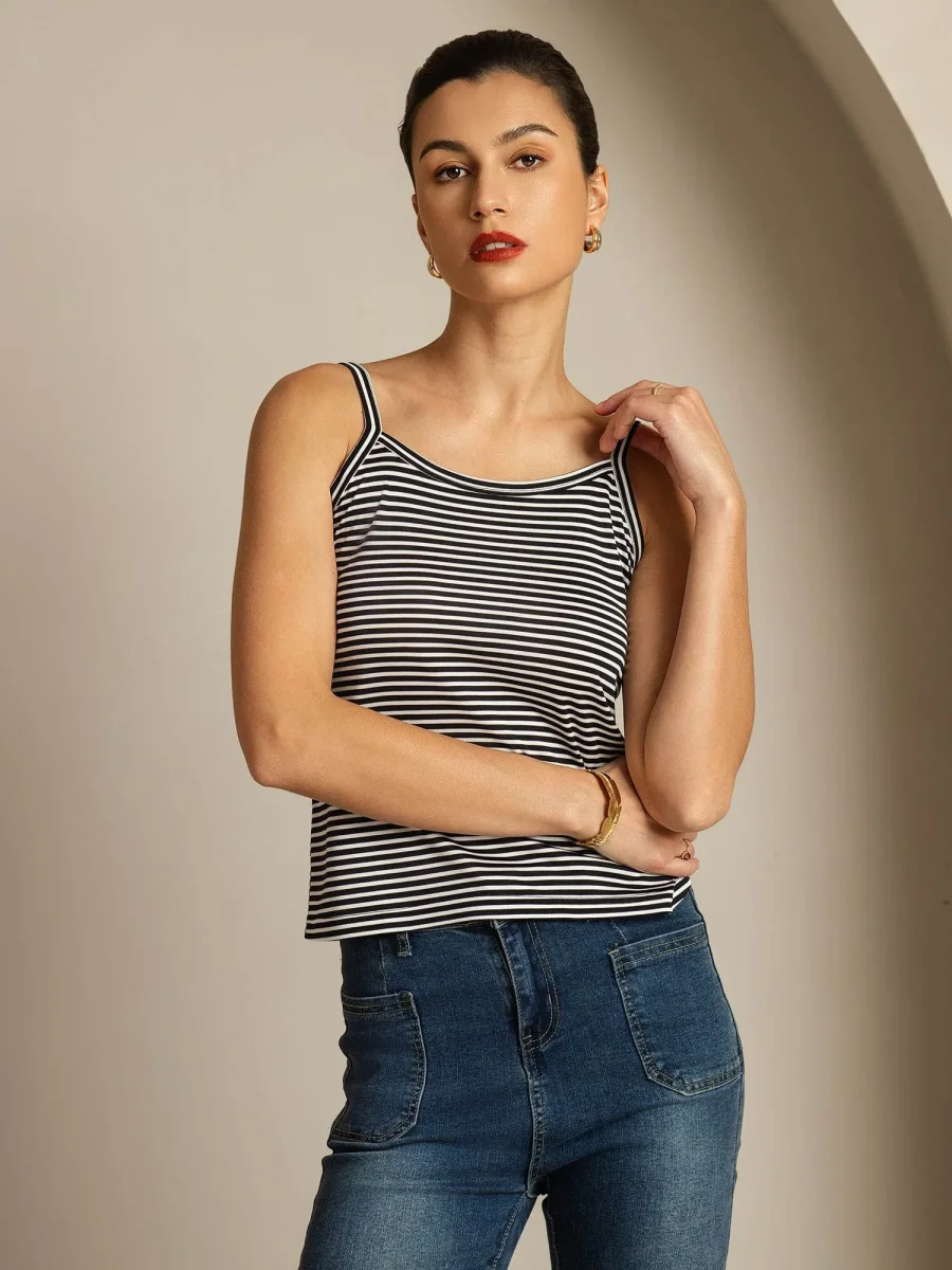 Top Camisola De Seda Pura Tirantes Finos Cuello Cuadrado A Rayas - Imagen 4