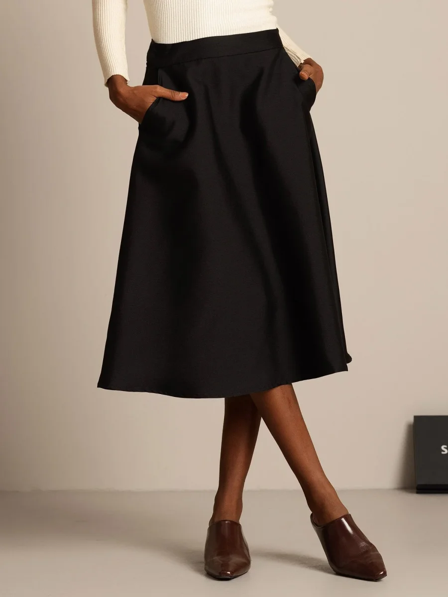 32Momme Mezcla de Seda-Lana Falda Midi A-Line con Diseño de Cremallera