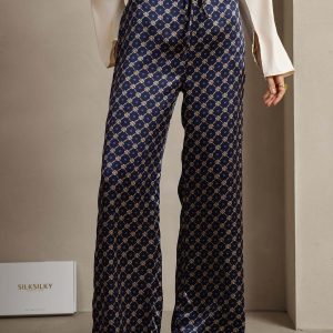 Pantalones De Mujer De Pierna Ancha De Seda 19Momme Azul Marino Con Estampado De Cadenas Y Bolsillos Laterales