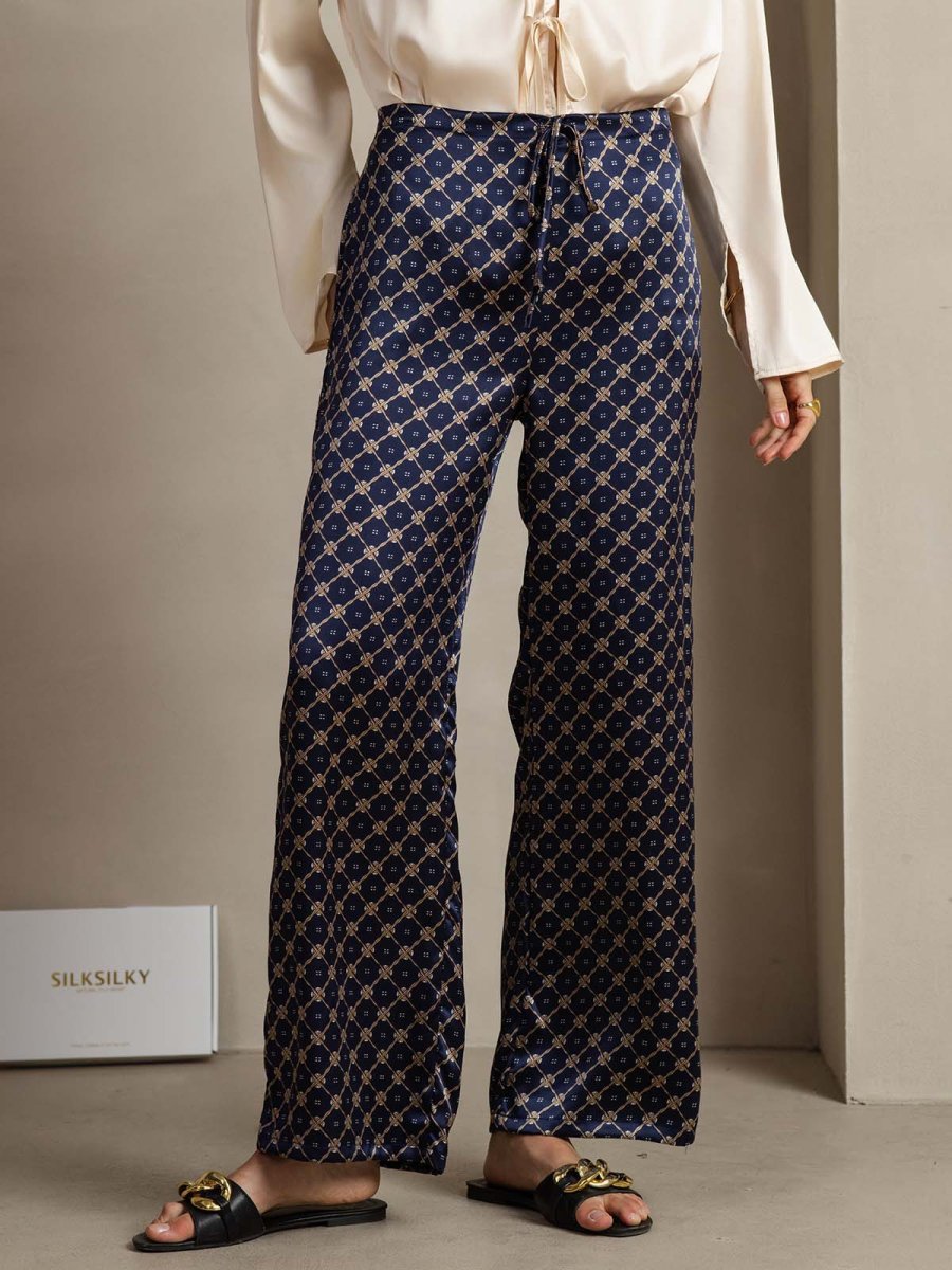Pantalones De Mujer De Pierna Ancha De Seda 19Momme Azul Marino Con Estampado De Cadenas Y Bolsillos Laterales - Imagen 2
