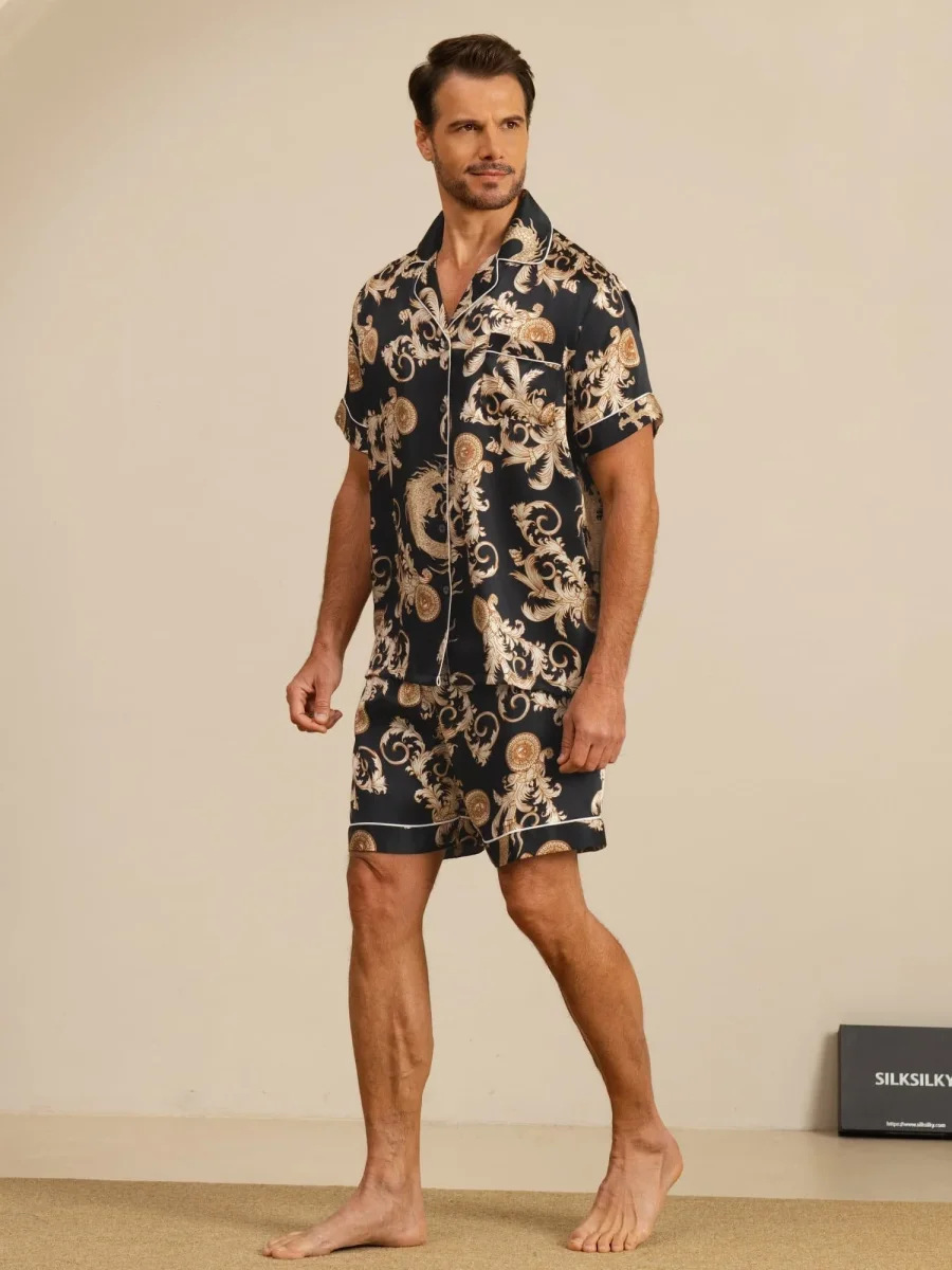 Pure Seda Hombre Estampado Dragón Manga Corta Cuello Notch Conjunto Pijama - Imagen 7