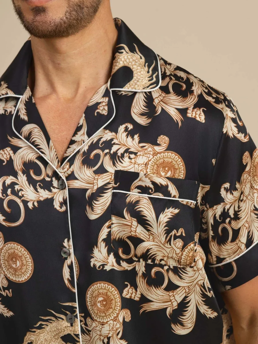 Pure Seda Hombre Estampado Dragón Manga Corta Cuello Notch Conjunto Pijama - Imagen 6