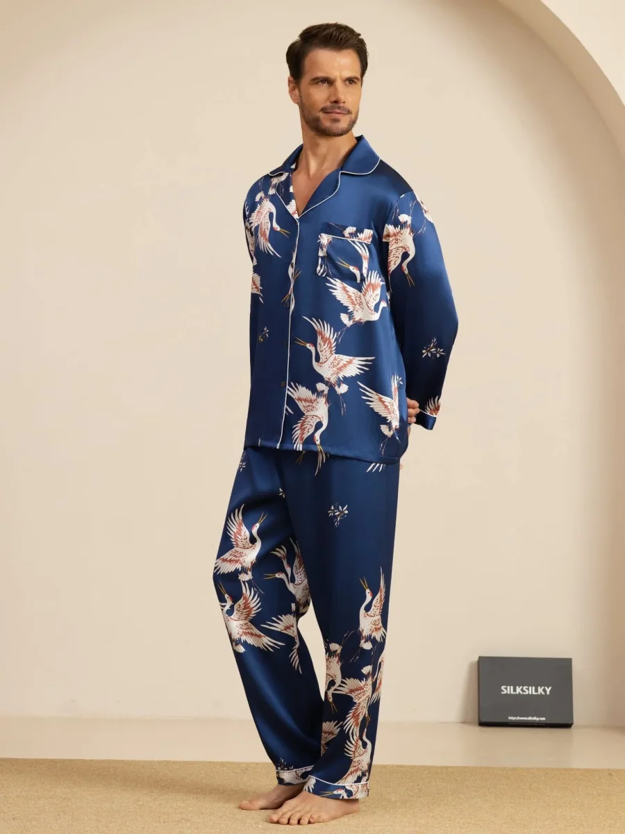 Conjunto de Pijamas para Hombre Estampado de Grúa Seda Pura 19Momme Manga Larga Cuello Notch - Imagen 6