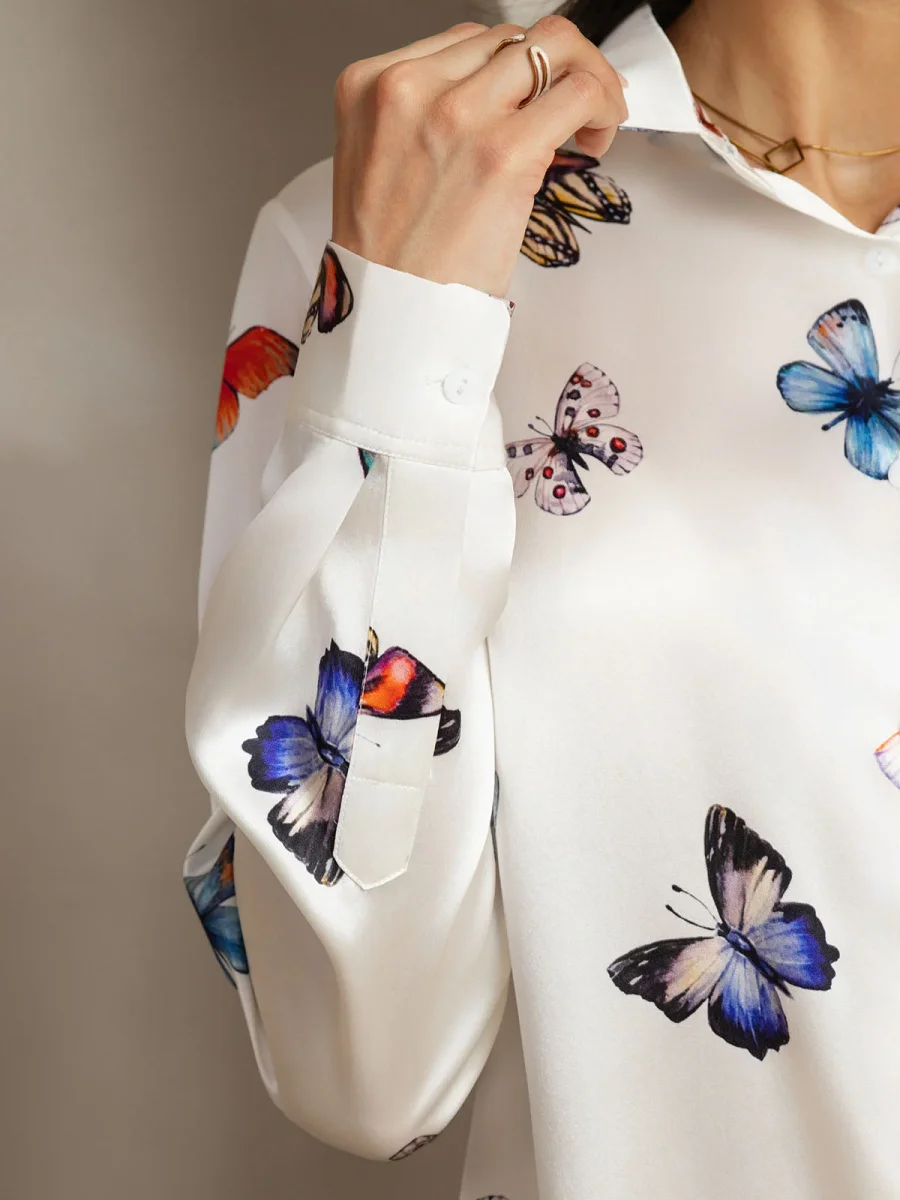 Camisa De Seda 19Momme Mujer Con Estampado De Mariposas Manga Larga Y Cuello Con Solapa - Imagen 5