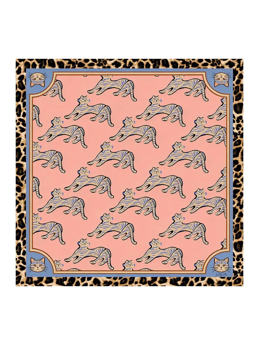 Pañuelo De Seda De Morera 100 Por Ciento Con Estampado De Gato Tamaño 90 x 90 cm - Imagen 2