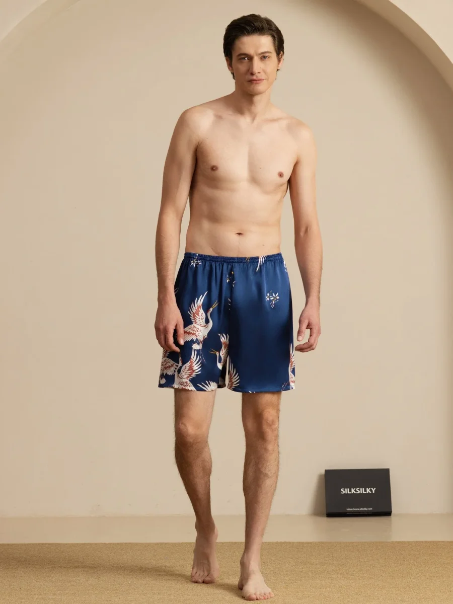 19Momme Seda Pura Pantalones Cortos de Sueño Hombre Estampado Grúa Cintura Elástica - Imagen 6