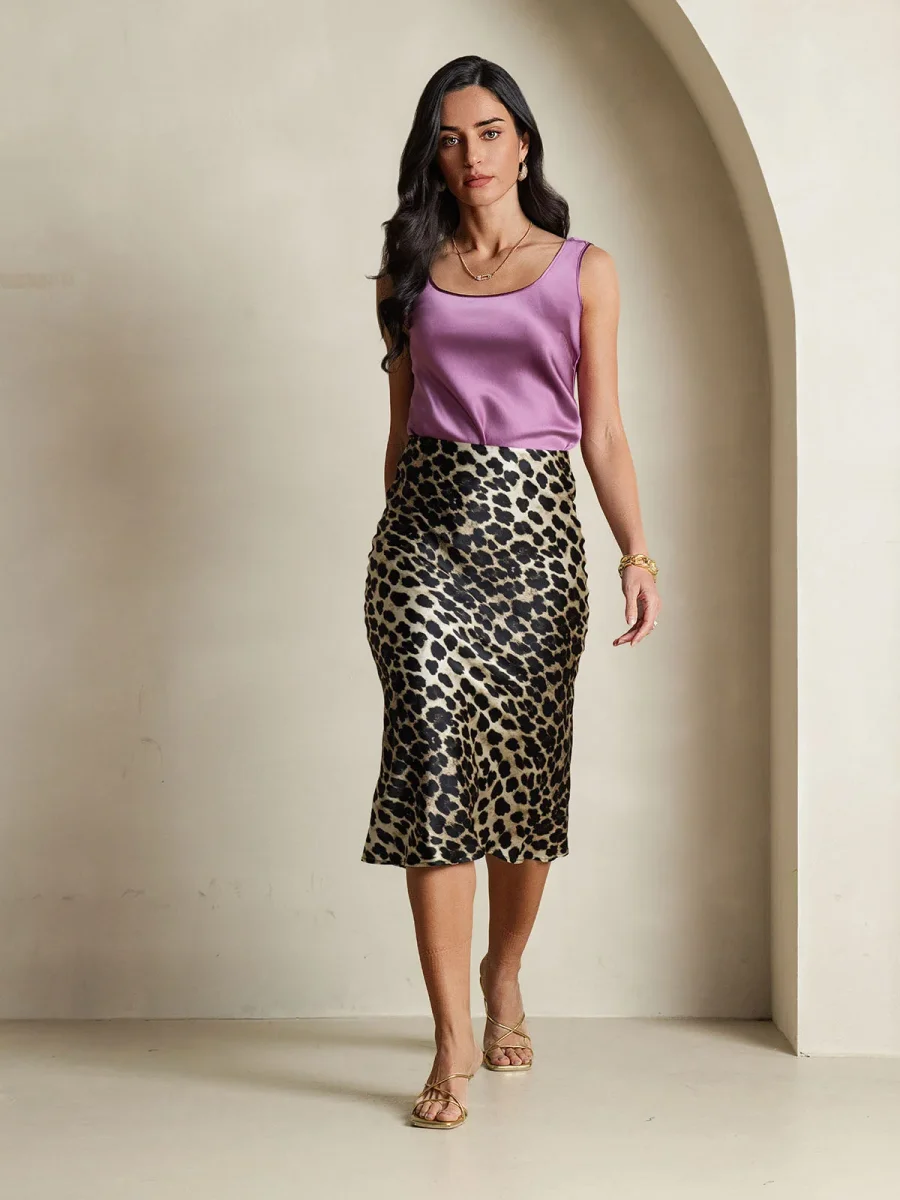 Falda Larga Recta De Seda Pura 19 Momme Con Estampado De Leopardo Elástica - Imagen 7
