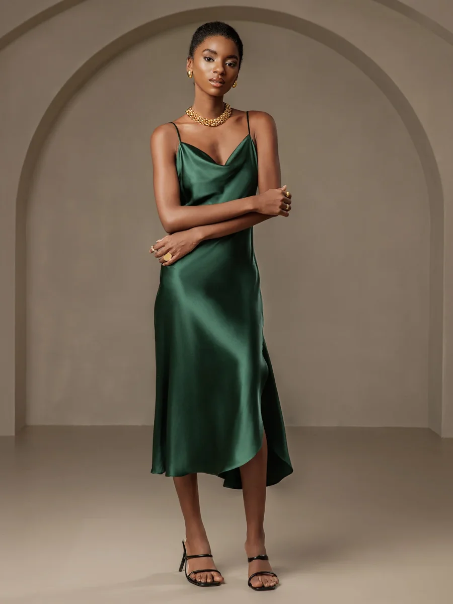 Vestido largo de seda pura con tirantes finos y abertura - Imagen 6