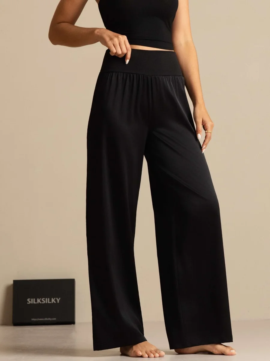 Pantalones de pierna ancha de talle alto para mujer en seda 19Momme con cinturilla elástica ancha - Imagen 8