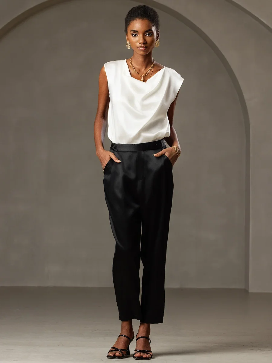 19Momme Seda Cuello Bote Cap Mangas Blusa - Imagen 7
