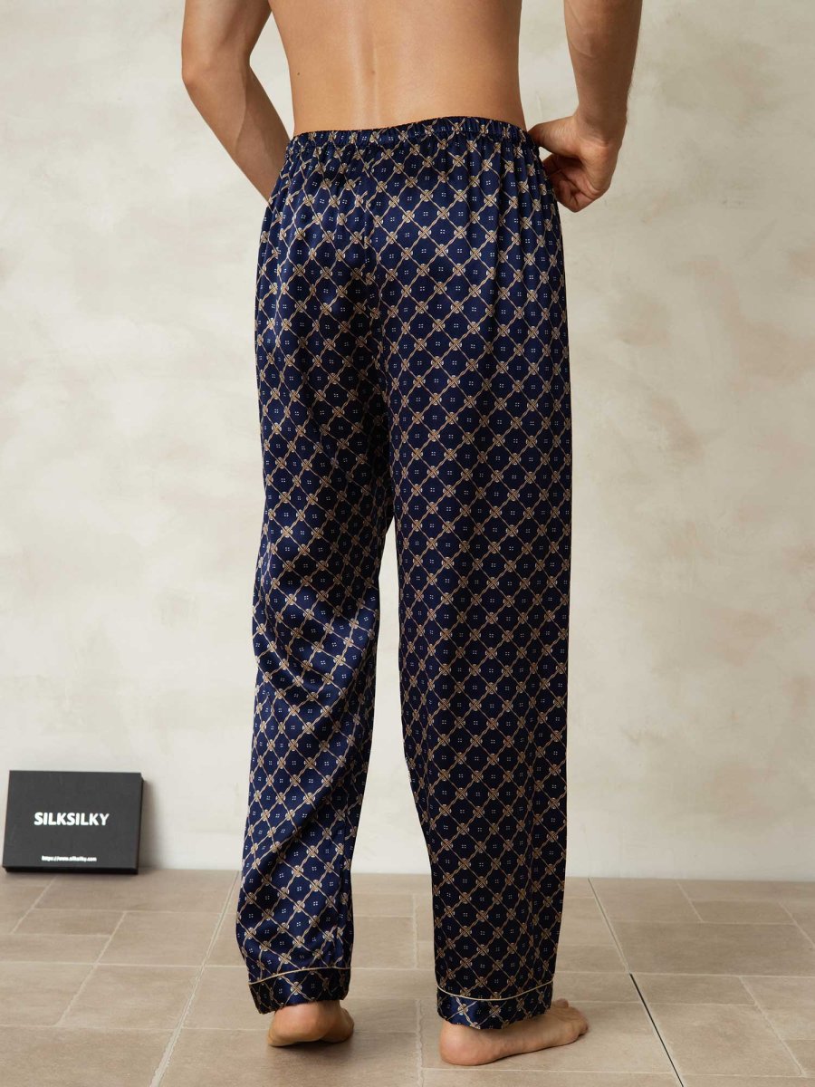 Pantalones De Dormir Para Hombre De Seda Pura Con Estampado De Cadenas Azul Marino Y Cintura Elástica - Imagen 3