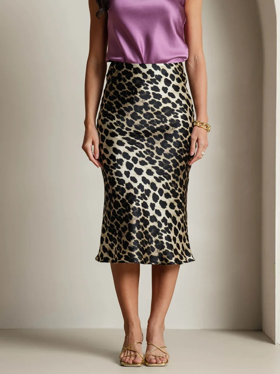 Falda Larga Recta De Seda Pura 19 Momme Con Estampado De Leopardo Elástica - Imagen 4