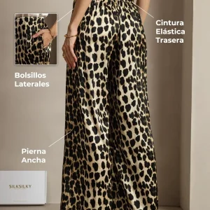 Pantalones Mujer Pierna Ancha De Seda 19Momme Con Estampado De Leopardo Y Bolsillos Laterales