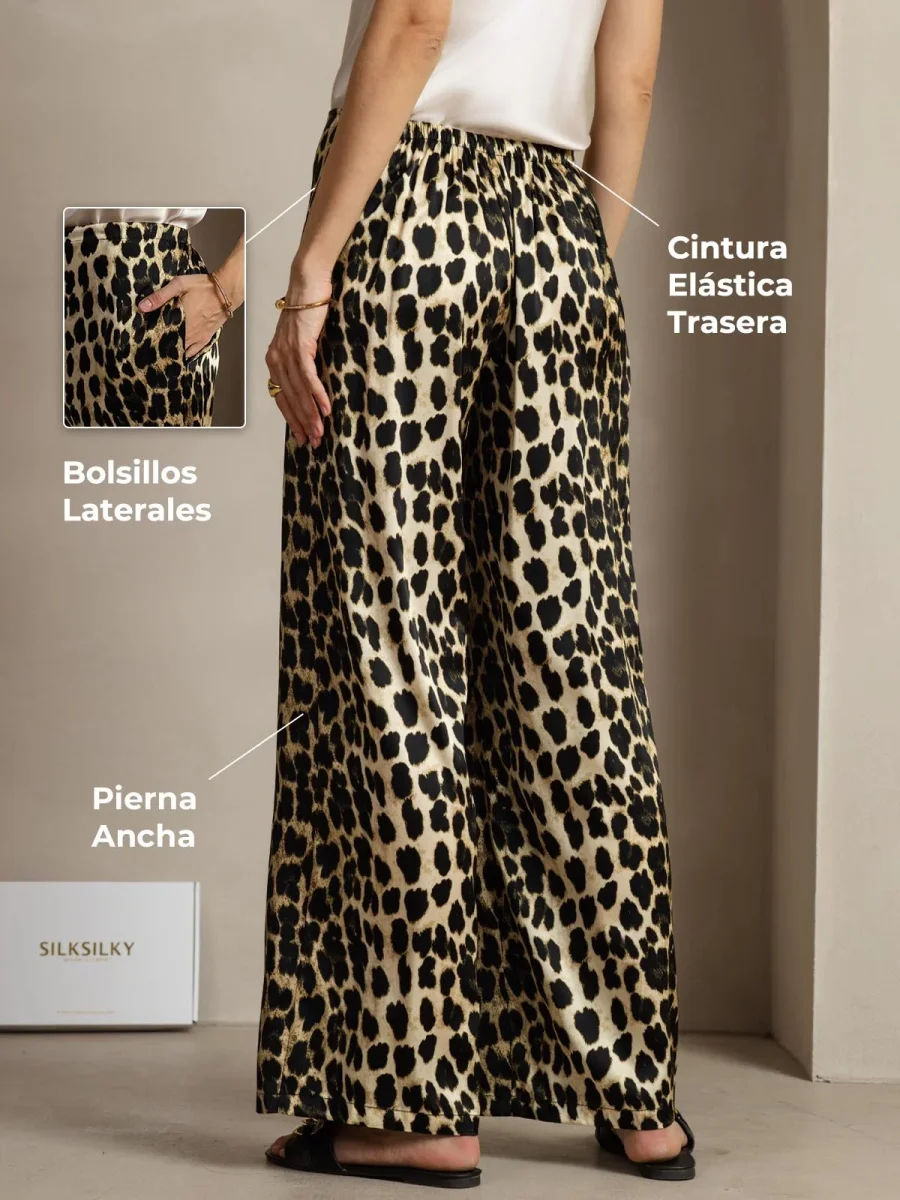 Pantalones Mujer Pierna Ancha De Seda 19Momme Con Estampado De Leopardo Y Bolsillos Laterales - Imagen 2
