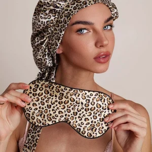 Pura Seda Estampado de Leopardo Gorro + Antifaz Set