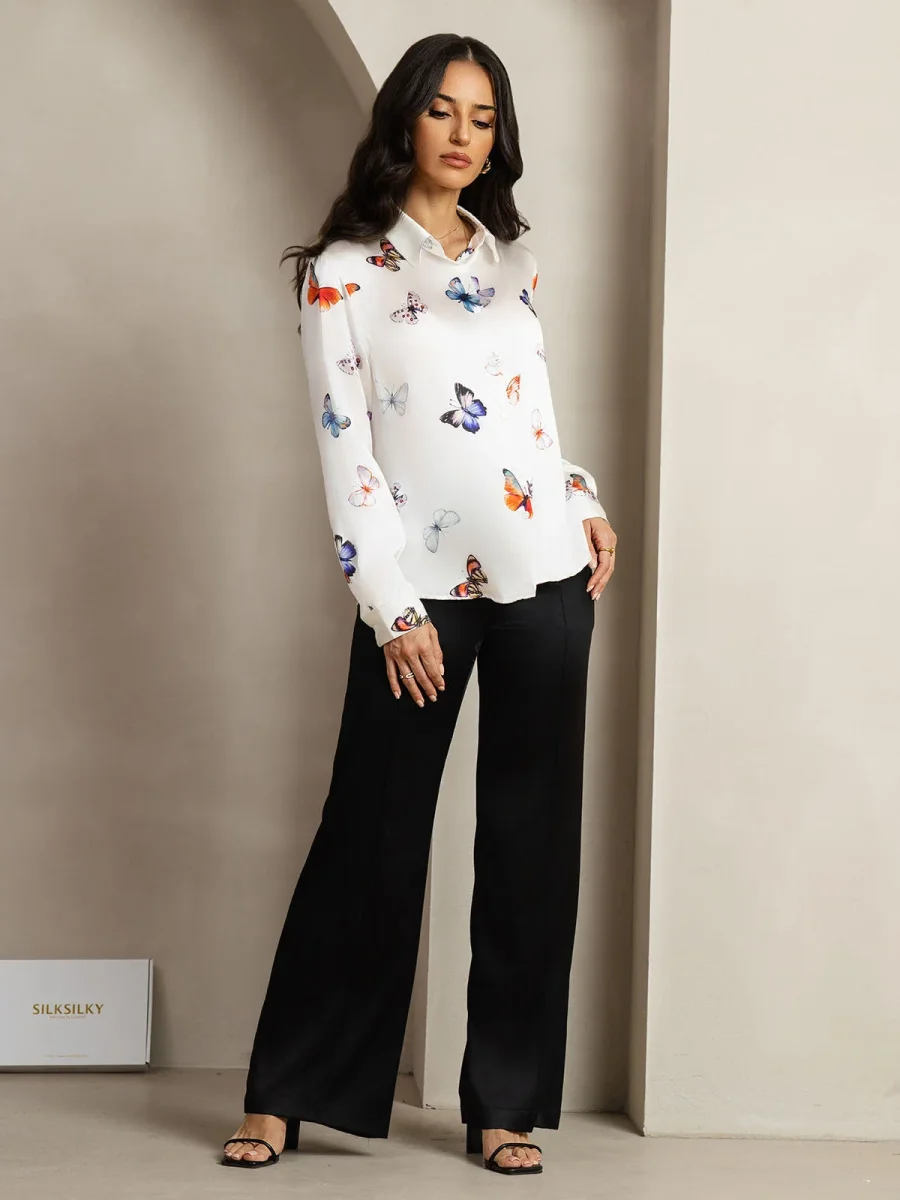 Camisa De Seda 19Momme Mujer Con Estampado De Mariposas Manga Larga Y Cuello Con Solapa - Imagen 8