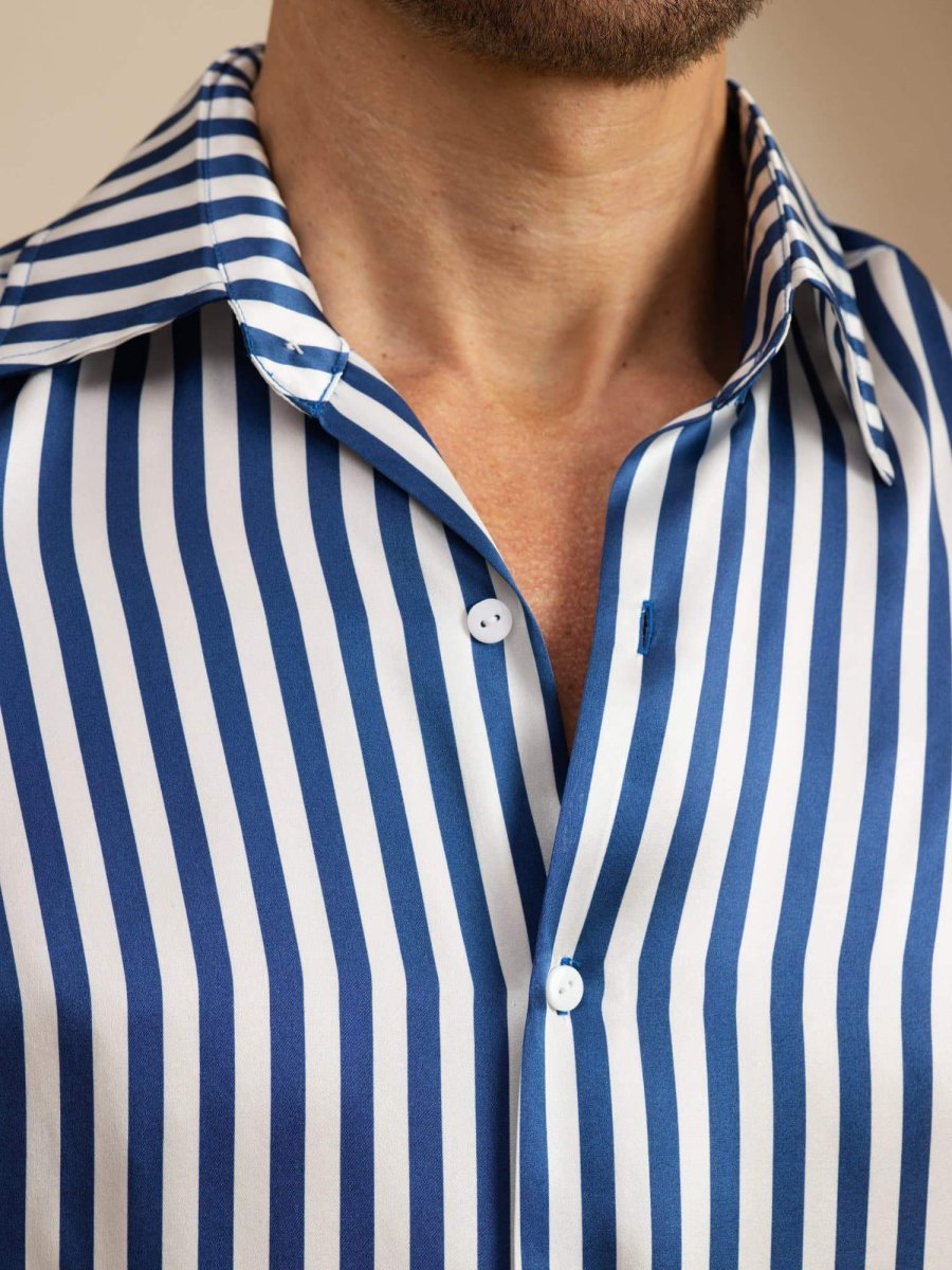 19Momme Seda Hombre Manga Larga Cuello Solapa Estampado Rayas Camisa - Imagen 7