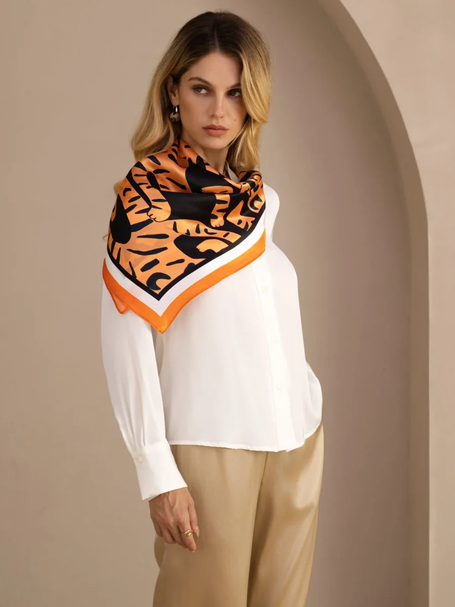 100 Porciento Bufanda De Seda De Morera Con Diseño De Tigre Tamaño 90x90cm - Imagen 7