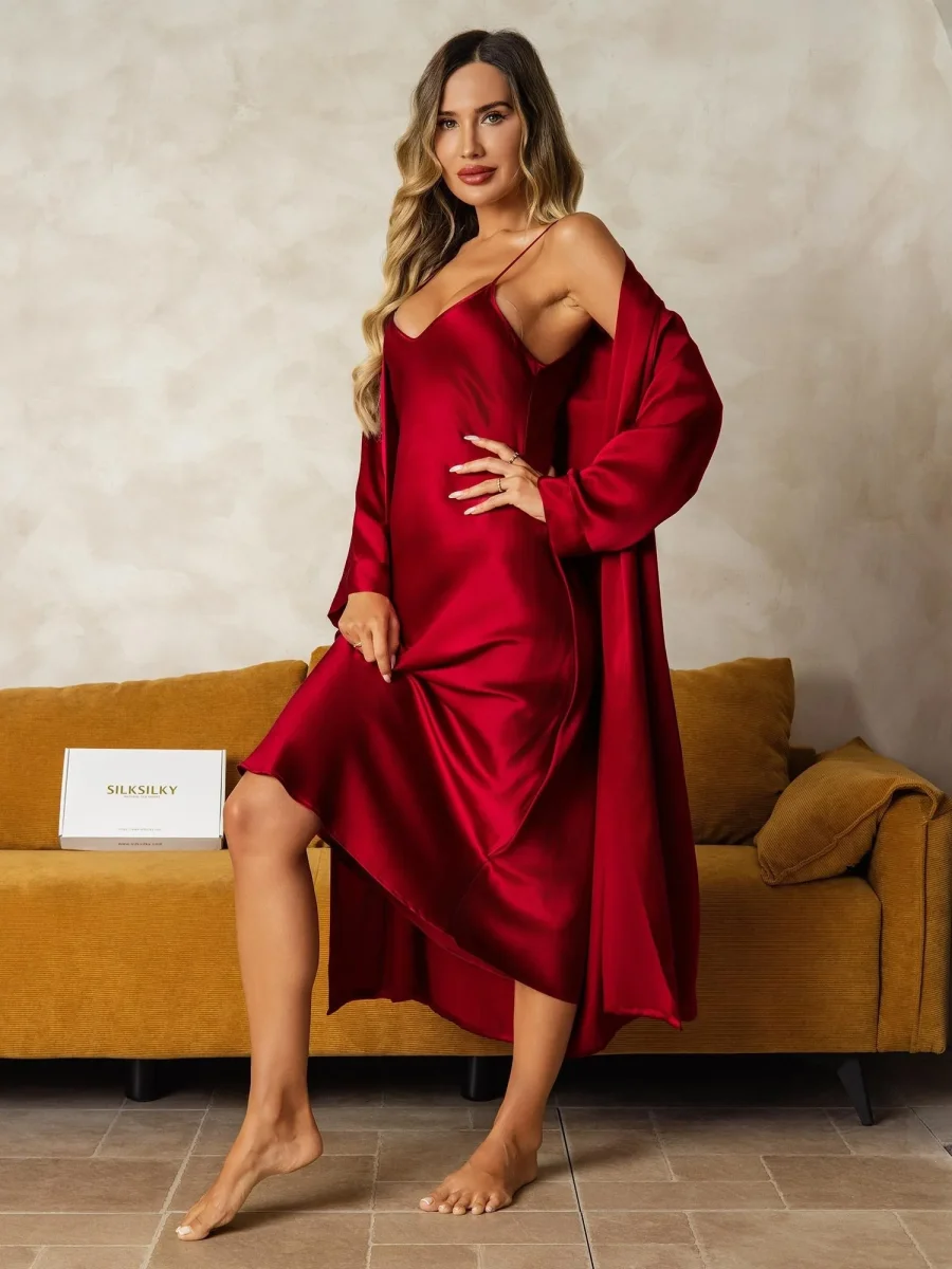 Seda Pura Escote en V Largo Midi Camisón & Bata Conjunto, 2 Piezas - Imagen 6