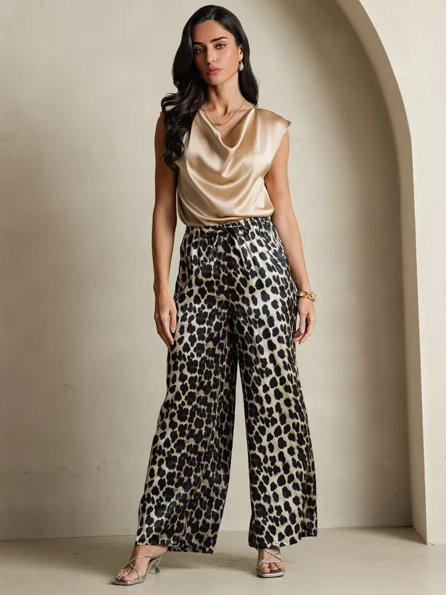 Pantalones De Pierna Ancha De Pura Seda Con Estampado De Leopardo Para Mujer - Imagen 8