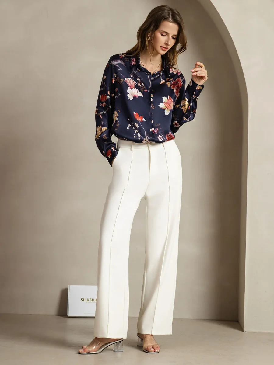 Camisa De Seda 19Momme Mujer Con Estampado Floral Marino Manga Larga Y Cuello Con Solapa - Imagen 7