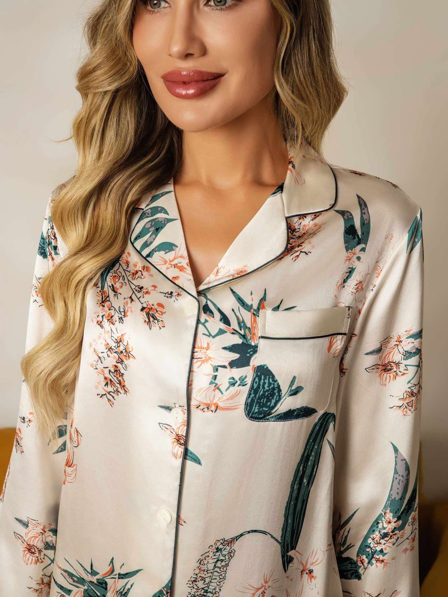 Conjunto De Pijama De Mujer De Seda Pura Con Estampado Botánico De Manga Larga Y Pantalones - Imagen 8