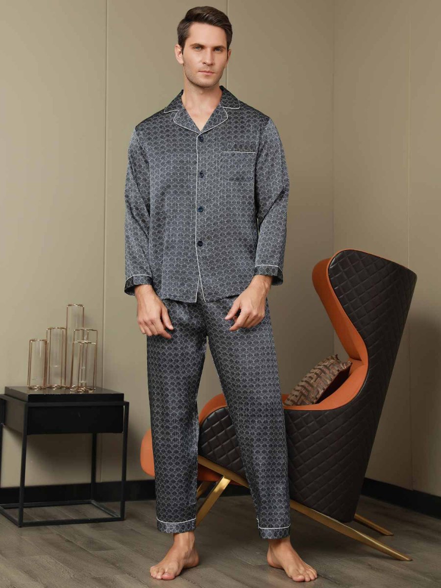 Conjunto De Pijama Para Hombre De Seda Pura Con Estampado De Ginkgo Azul Marino Manga Larga Y Pantalones - Imagen 9