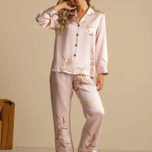 Pijama De Seda Pura 19Momme De Mujer Con Estampado De Grulla Y Cuello Con Solapa De Manga Larga