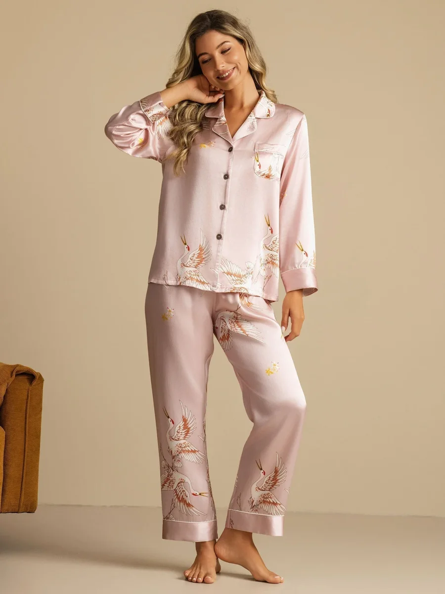 Pijama De Seda Pura 19Momme De Mujer Con Estampado De Grulla Y Cuello Con Solapa De Manga Larga