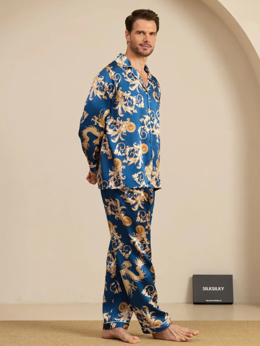 Pure Seda Hombre Estampado Dragón Manga Larga Cuello Notch Conjunto Pijama - Imagen 6