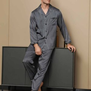 Conjunto De Pijama Para Hombre De Seda Pura Con Estampado De Ginkgo Azul Marino Manga Larga Y Pantalones