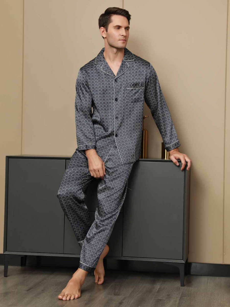 Conjunto De Pijama Para Hombre De Seda Pura Con Estampado De Ginkgo Azul Marino Manga Larga Y Pantalones