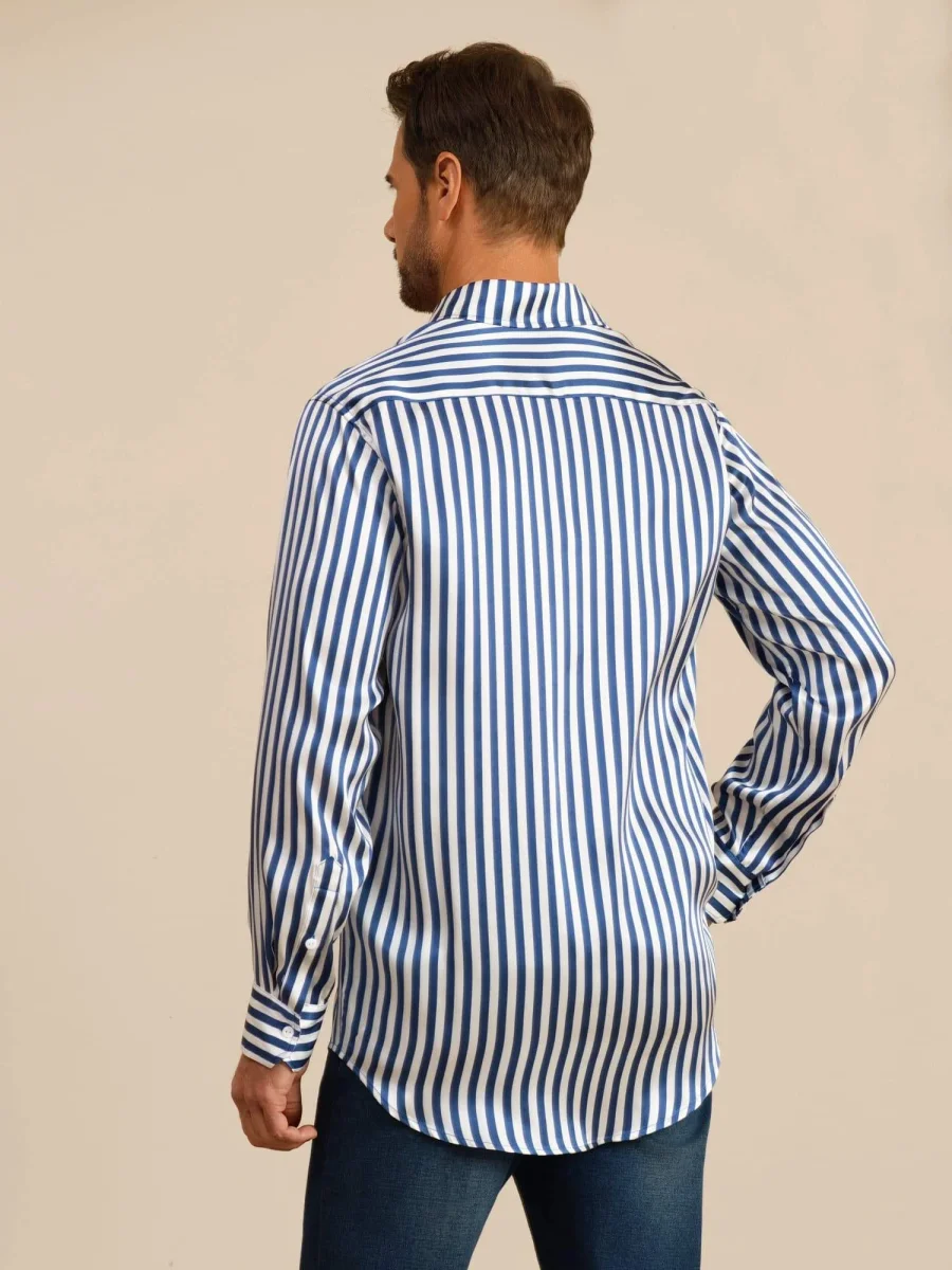 19Momme Seda Hombre Manga Larga Cuello Solapa Estampado Rayas Camisa - Imagen 3